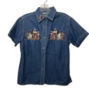 Vintage Cabin Creek Denim Shirt Embroidered Teddy Bears Book Shelf Western Sz PS